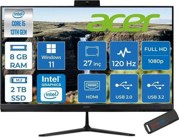 Acer Aspire C27 Intel Core I5 1334U 8gb Ram 2tb SSD Windows 11 Pro UHD Graphics 27" Fullhd IPS 120Hz Siyah All In One Bilgisayar DQBNHEM001H04 + Zetta Flash Bellek - Image 1