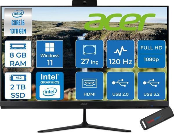 Acer Aspire C27 Intel Core I5 1334U 8gb Ram 2tb SSD Windows 11 Home UHD Graphics 27" Fullhd IPS 120Hz Siyah All In One Bilgisayar DQBNHEM001H04 + Zetta Flash Bellek - Image 1