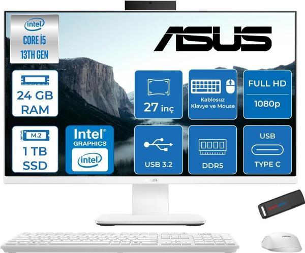 Asus V470VAK Intel Core İ5-13420H 24GB Ddr5 1tb SSD 27'' Fhd 100Hz 300NITS Freedos  Beyaz Allınone Bilgisayar ABI58512W0DF08+ZETTAUSBBELLEK - Image 1