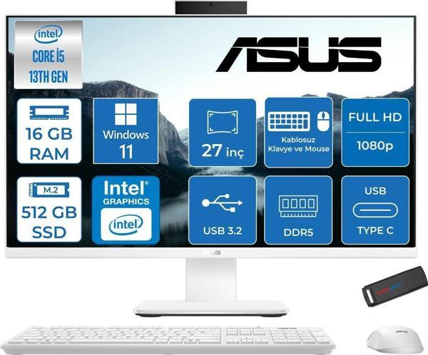 Asus V470VAK Intel Core İ5-13420H 16GB Ddr5 512GB SSD 27'' Fhd 100Hz 300NITS Windows 11 Pro Beyaz Allınone Bilgisayar ABI58512W0DP02+ZETTAUSBBELLEK - Image 1