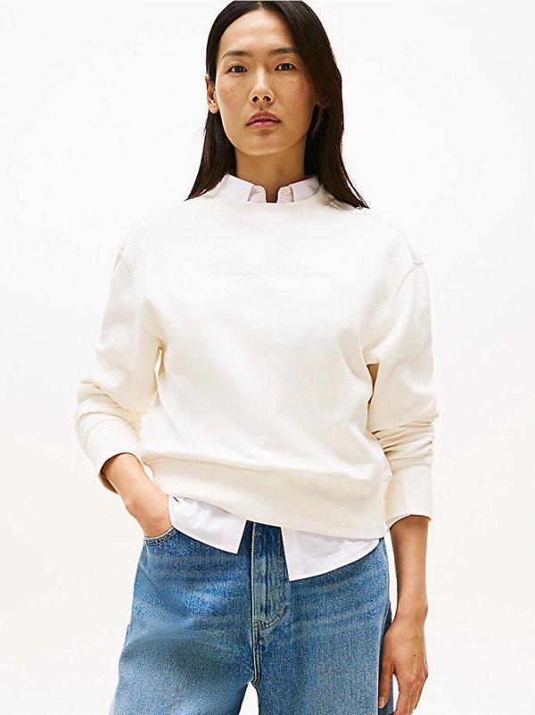 Tommy Hilfiger Kadın Simli Yazı Baskılı Normal Kesim Beyaz Kazak WW0WW47159YA8 - Image 1