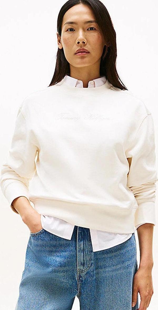 Tommy Hilfiger Kadın Simli Yazı Baskılı Normal Kesim Beyaz Kazak WW0WW47159YA8 - Image 1