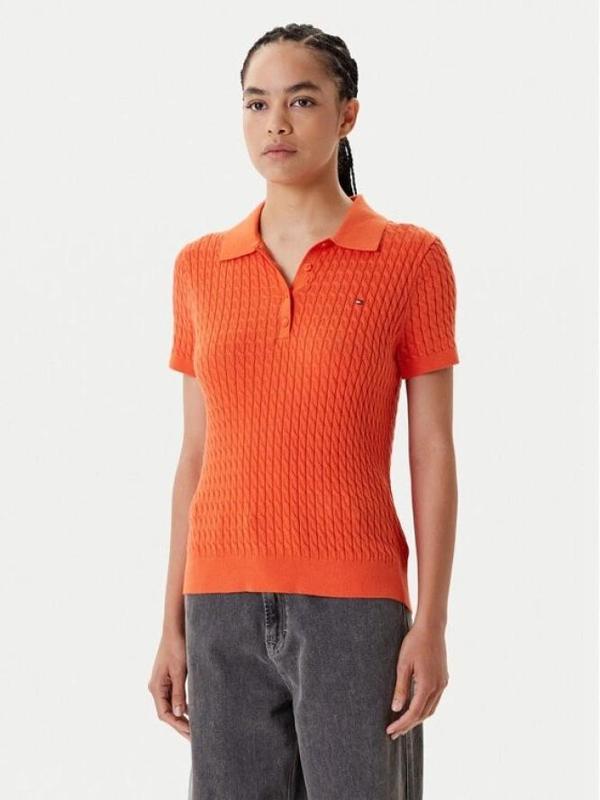 Tommy Hilfiger Kadın Pamuklu İnce Örgü Kısa Kollu Turuncu Polo Yaka  Kazak WW0WW41474SCX - Image 1