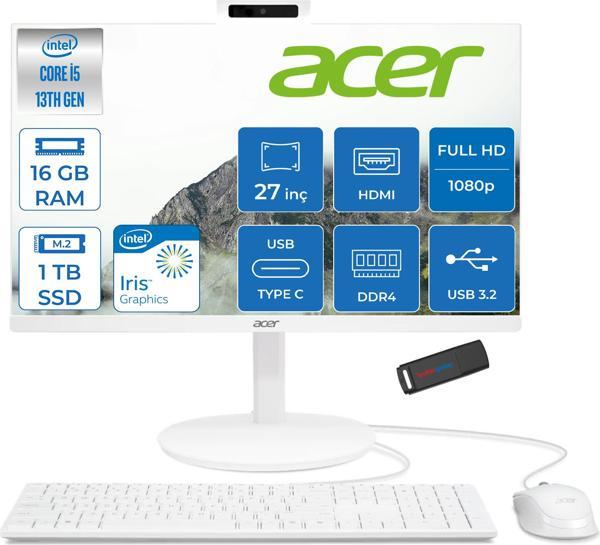 Acer Aspire C27 1E13U5UNH Intel Core I5 1334U 16GB Ram 1tb SSD Freedos Iris® Xe Graphics 27" Full Hd IPS 120Hz All In One Bilgisayar DQBNDEM002F08 + Zetta Flash Bellek - Image 1