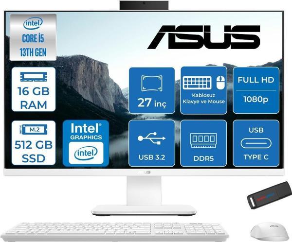 Asus V470VAK Intel Core İ5-13420H 16GB Ddr5 512GB SSD 27'' Fhd 100Hz 300NITS Freedos  Beyaz Allınone Bilgisayar ABI58512W0DF02+ZETTAUSBBELLEK - Image 1