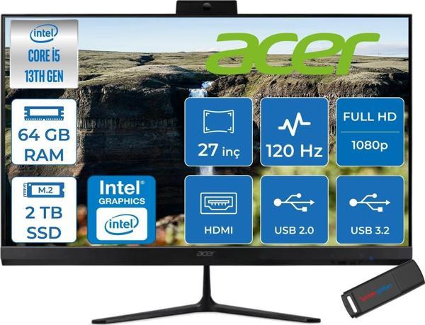 Acer Aspire C27 Intel Core I5 1334U 64GB Ram 2tb SSD Freedos Iris® Xe Graphics 27" Fullhd IPS 120Hz Siyah All In One Bilgisayar DQBNHEM001F34 + Zetta Flash Bellek - Image 1