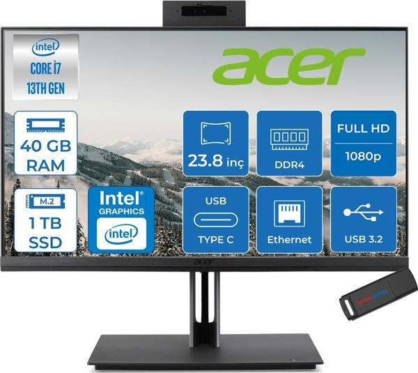 Acer Veriton 4000 VZ4714GT Intel Core I7 13700 40GB Ram 1tb SSD Freedos UHD Graphics 23.8" Yükseklik Ayarı, Pivot, Vesa Desteği Fullhd All In One Bilgisayar DQR03EM00GF23 + Zetta Flash Bellek - Image 1
