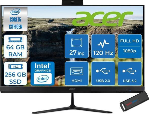 Acer Aspire C27 Intel Core I5 1334U 64GB Ram 256GB SSD Freedos Iris® Xe Graphics 27" Fullhd IPS 120Hz Siyah All In One Bilgisayar DQBNHEM001F31 + Zetta Flash Bellek - Image 1