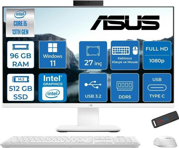 Asus V470VAK Intel Core İ5-13420H 96GB Ddr5 512GB SSD 27'' Fhd 100Hz 300NITS Windows 11 Home Beyaz Allınone Bilgisayar ABI58512W0DH37+ZETTAUSBBELLEK - Image 1