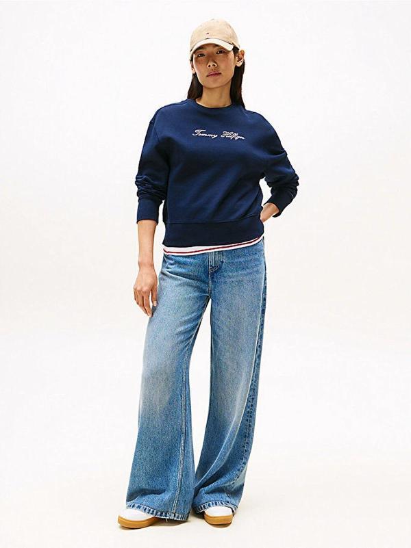 Tommy Hilfiger Kadın Simli Yazı Baskılı Normal Kesim Mavi Kazak WW0WW47159C1G - Image 1