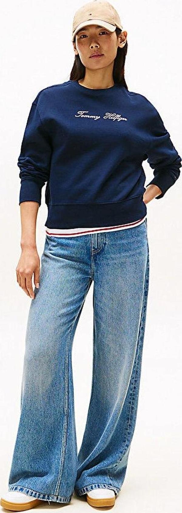 Tommy Hilfiger Kadın Simli Yazı Baskılı Normal Kesim Mavi Kazak WW0WW47159C1G - Image 1