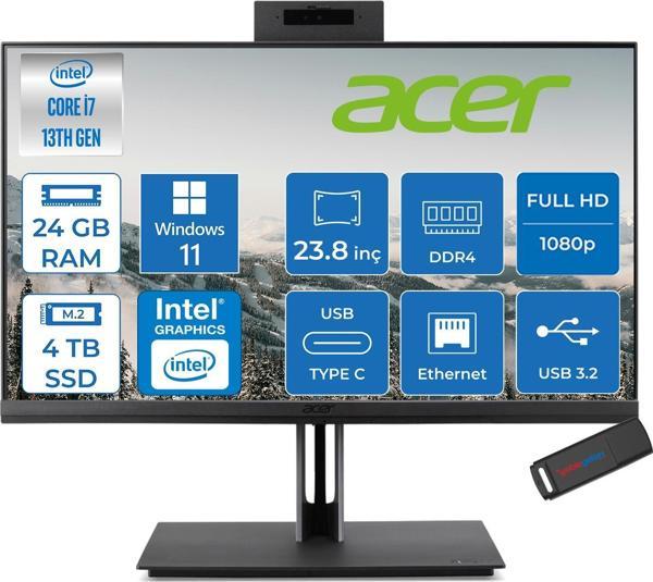 Acer Veriton 4000 VZ4714GT Intel Core I7 13700 24GB Ram 4tb SSD Windows 11 Home UHD Graphics 23.8" Yükseklik Ayarı, Pivot, Vesa Desteği Fullhd All In One Bilgisayar DQR03EM00GH15 + Zetta Flash Bellek - Image 1