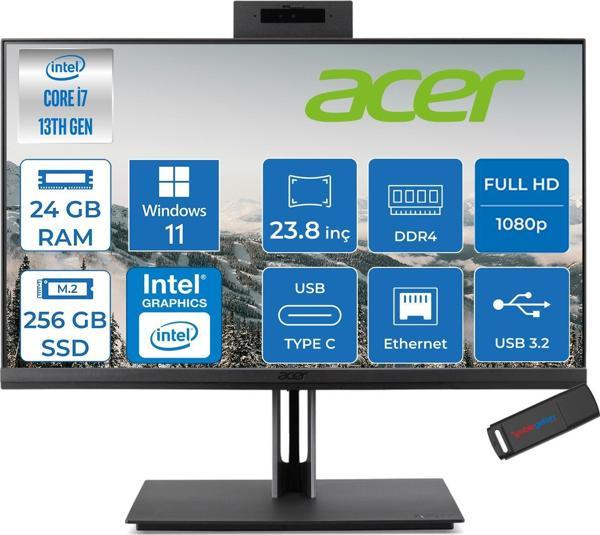 Acer Veriton 4000 VZ4714GT Intel Core I7 13700 24GB Ram 256GB SSD Windows 11 Pro UHD Graphics 23.8" Yükseklik Ayarı, Pivot, Vesa Desteği Fullhd  DQR03EM00GP11 + Zetta Flash Bellek - Image 1