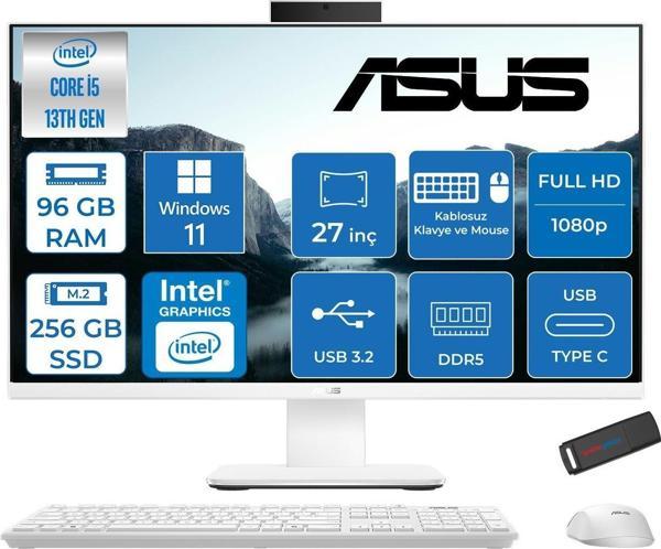 Asus V470VAK Intel Core İ5-13420H 96GB Ddr5 256GB SSD 27'' Fhd 100Hz 300NITS Windows 11 Home Beyaz Allınone Bilgisayar ABI58512W0DH36+ZETTAUSBBELLEK - Image 1