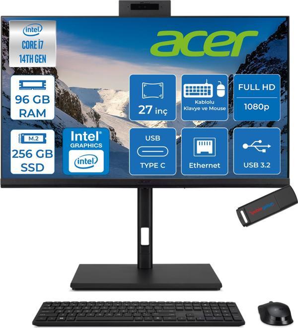 Acer Veriton 4000 VZ4727GT Intel Core I7 14700 96GB Ram 256GB SSD Freedos UHD Graphics 27" Yükseklik Ayarı, Pivot, Vesa Desteği Fullhd All In One Bilgisayar DQR23EM003F36 + Zetta Flash Bellek - Image 1