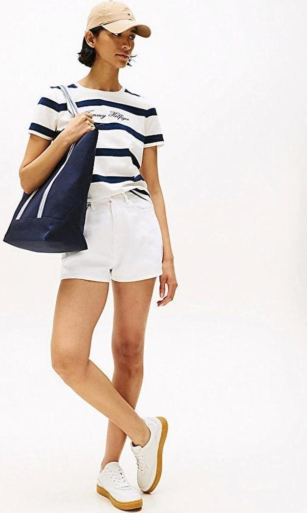 Tommy Hilfiger Kadın Yazı Baskılı Normal Kesim Bisiklet Yaka Mavi T-shirt WW0WW457460Y5 - Image 1