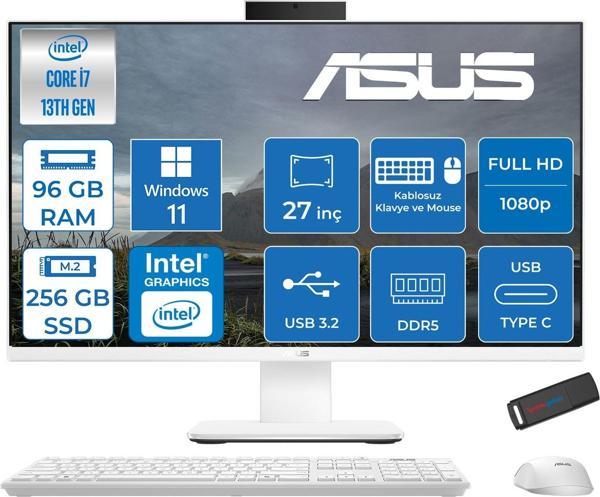 Asus V470VAK Intel Core I7-13620H 96GB Ddr5 256GB SSD 27'' Fhd 100Hz 300NITS Windows 11 Pro Beyaz Allınone Bilgisayar ABI716512W0DP36+ZETTAUSBBELLEK - Image 1