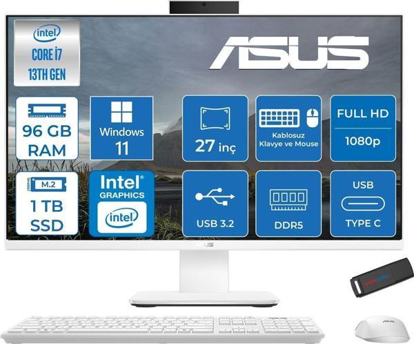Asus V470VAK Intel Core I7-13620H 96GB Ddr5 1tb SSD 27'' Fhd 100Hz 300NITS Windows 11 Pro Beyaz Allınone Bilgisayar ABI716512W0DP38+ZETTAUSBBELLEK - Image 1