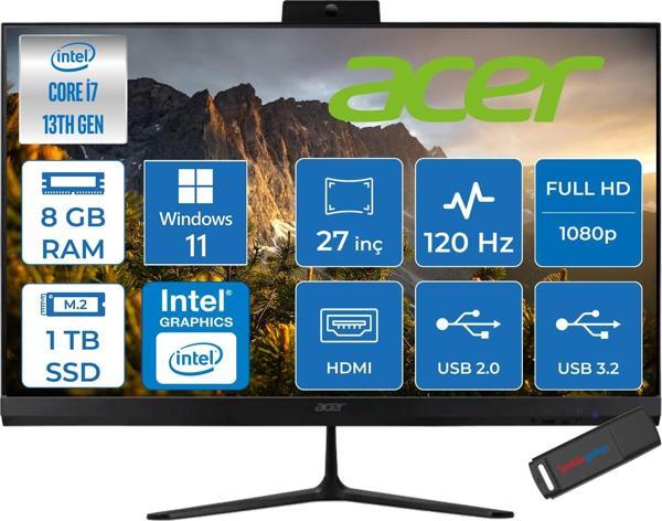 Acer Aspire C27 Intel Core I7-1355U 8gb Ram 1tb SSD Windows 11 Home UHD Graphics 27" Fullhd IPS 120Hz Siyah All In One Bilgisayar DQBMREM003H03 + Zetta Flash Bellek - Image 1