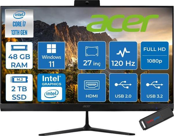 Acer Aspire C27 Intel Core I7-1355U 48GB Ram 2tb SSD Windows 11 Pro Iris® Xe Graphics 27" Fullhd IPS 120Hz Siyah All In One Bilgisayar DQBMREM003P29 + Zetta Flash Bellek - Image 1