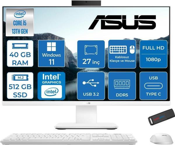 Asus V470VAK Intel Core İ5-13420H 40GB Ddr5 512GB SSD 27'' Fhd 100Hz 300NITS Windows 11 Home Beyaz Allınone Bilgisayar ABI58512W0DH17+ZETTAUSBBELLEK - Image 1