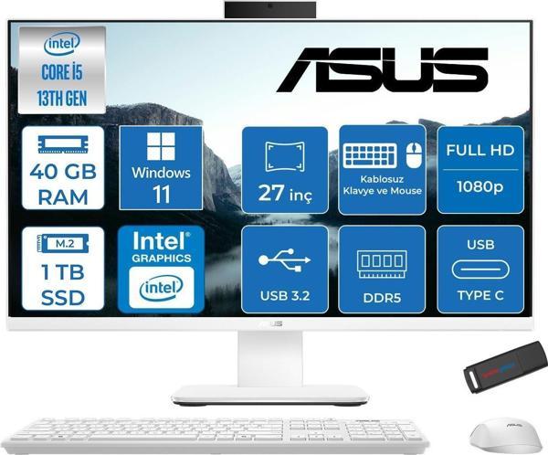 Asus V470VAK Intel Core İ5-13420H 40GB Ddr5 1tb SSD 27'' Fhd 100Hz 300NITS Windows 11 Home Beyaz Allınone Bilgisayar ABI58512W0DH18+ZETTAUSBBELLEK - Image 1