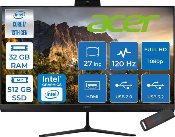 Acer Aspire C27 Intel Core I7-1355U 32GB Ram 512GB SSD Freedos Iris® Xe Graphics 27" Fullhd IPS 120Hz Siyah All In One Bilgisayar DQBMREM003F17 + Zetta Flash Bellek - Image 1