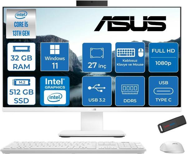 Asus V470VAK Intel Core İ5-13420H 32GB Ddr5 512GB SSD 27'' Fhd 100Hz 300NITS Windows 11 Pro Beyaz Allınone Bilgisayar ABI58512W0DP12+ZETTAUSBBELLEK - Image 1
