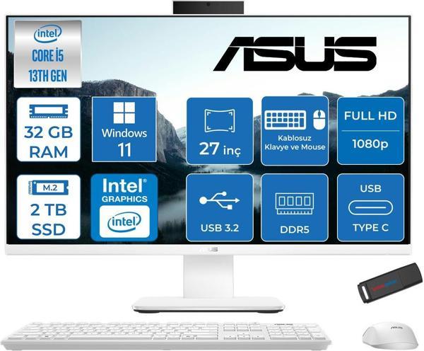 Asus V470VAK Intel Core İ5-13420H 32GB Ddr5 2tb SSD 27'' Fhd 100Hz 300NITS Windows 11 Pro Beyaz Allınone Bilgisayar ABI58512W0DP14+ZETTAUSBBELLEK - Image 1