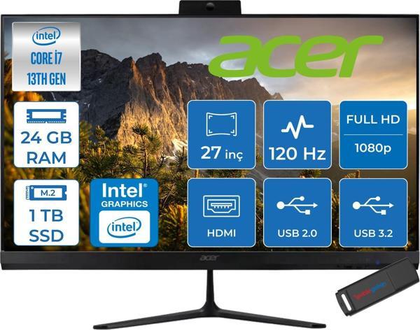 Acer Aspire C27 Intel Core I7-1355U 24GB Ram 1tb SSD Freedos Iris® Xe Graphics 27" Fullhd IPS 120Hz Siyah All In One Bilgisayar DQBMREM003F13 + Zetta Flash Bellek - Image 1
