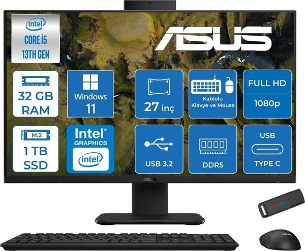 Asus V470VAK Intel Core İ5-13420H 32GB Ddr5 1tb SSD 27'' Fhd 100Hz 300NITS Windows 11 Pro Siyah Allınone Bilgisayar ASI58512B0DP13+ZETTAUSBBELLEK - Image 1