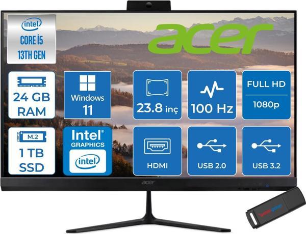 Acer Aspire C24 Intel Core I5 1334U 24GB Ram 1tb SSD Windows 11 Home Iris® Xe Graphics 23.8" Fullhd IPS 100Hz Siyah All In One Bilgisayar DQBN1EM001H13 + Zetta Flash Bellek - Image 1