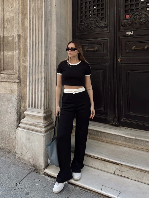 Crop pantolon biyeli takım siyah - Image 1