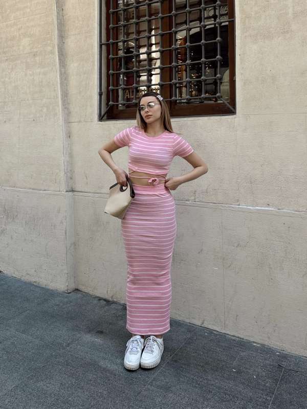 Çizgili etekli takım pembe s3609 - Image 1