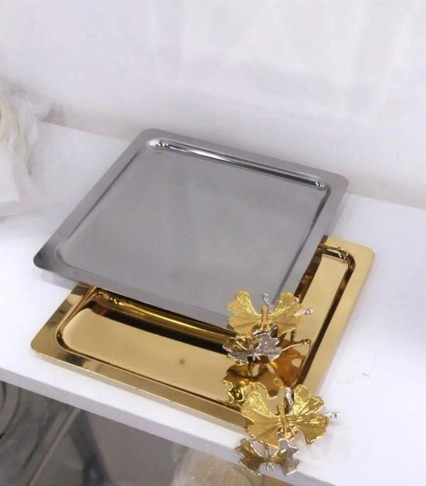 Ahir Ticaret Paslanmaz Çelik Kare Gold Ve Gümüş 2 Li Sunum Tepsisi - Image 1
