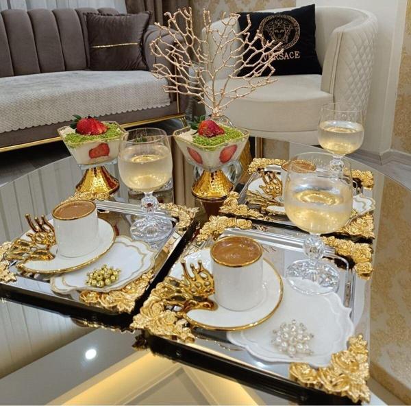 Atabey Home Collection 1 Adet Kahve & Çay & Sunum Tepsisi Tekli Metal Döküm Gül Model - Image 1