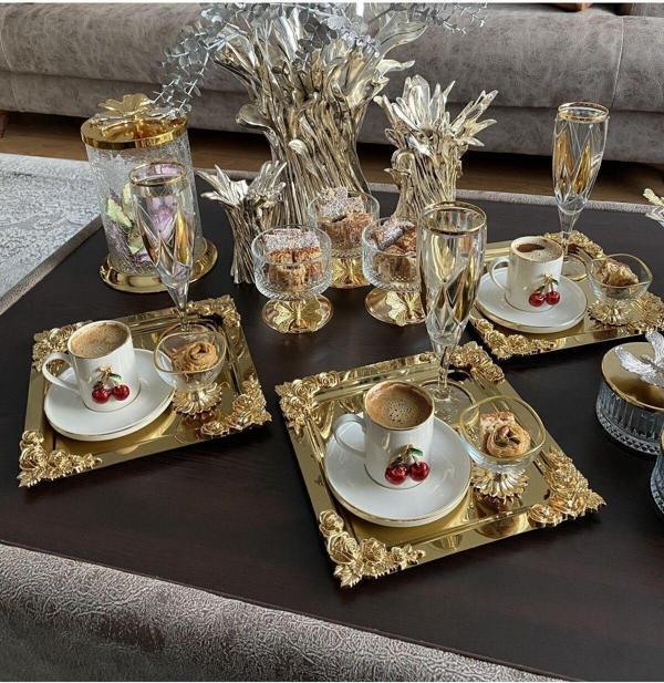 Atabey Home Collection 2'Li Kahve & Çay & Sunum Tepsisi Metal Döküm Kare Gold Tepsi Gül Model - Image 1