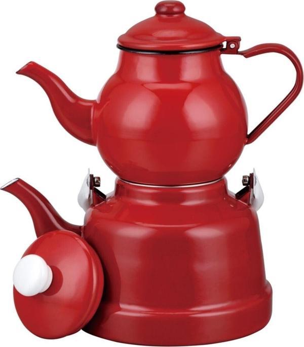 M&K Kitchen Ebru Emaye Kırmızı Çaydanlık Takımı Lüx Nostalji - Image 1