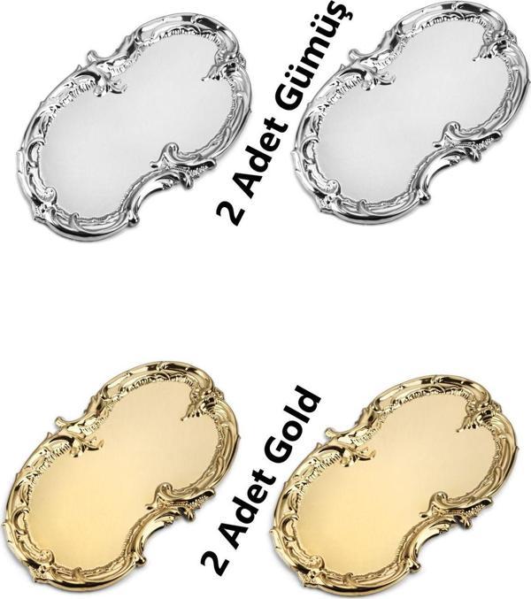 Ahir Ticaret 2 Gold 2 Gümüş Renk İşleme Desenli Artnova Servis Ve Sunum Tepsisi - Image 1