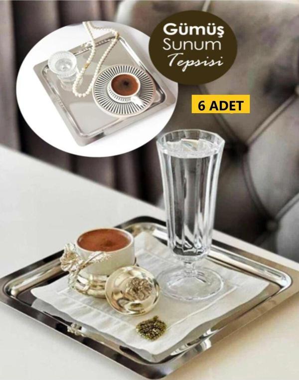 Ahir Ticaret Paslanmaz Çelik Kare 6'Lı Sunum Tepsisi Ikramlık Sunumluk Çay Ve Kahve Tepsisi - Image 1