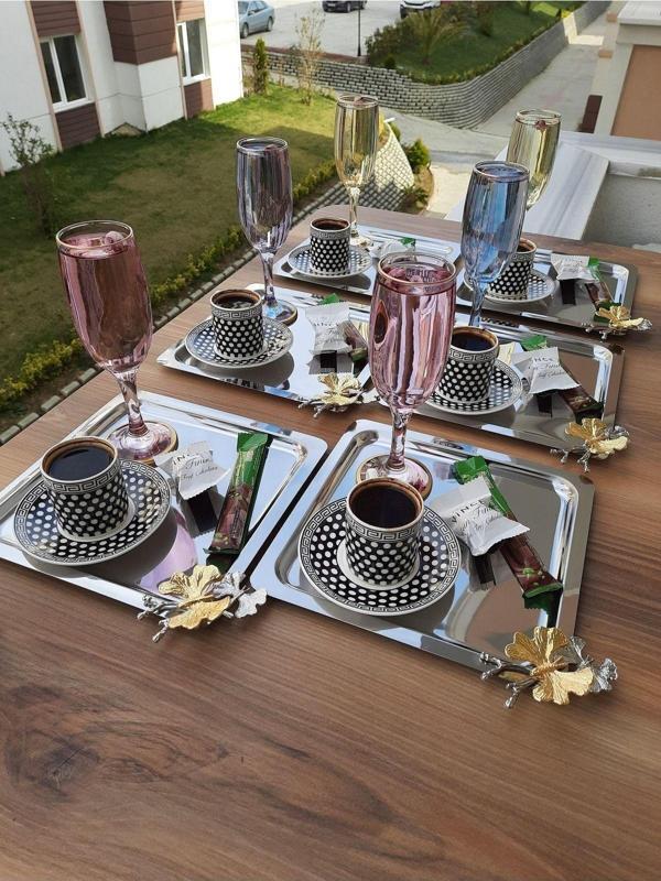 Süslü Home Paslanmaz Çelik Kare 6’Lı Sunum Tepsisi Kelebek Aksesuarlı Ikramlık Sunumluk Kahve Ve Çay Sunum - Image 1