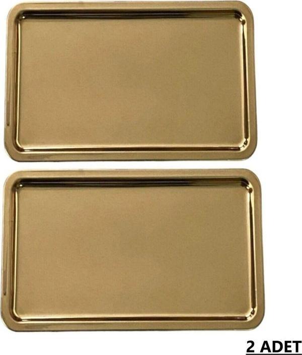 Ahir Ticaret 2'Li Paslanmaz Gold Servis Ve Sunum Çay Kahve Tatlı Tepsisi 33 X 23Cm - Image 1
