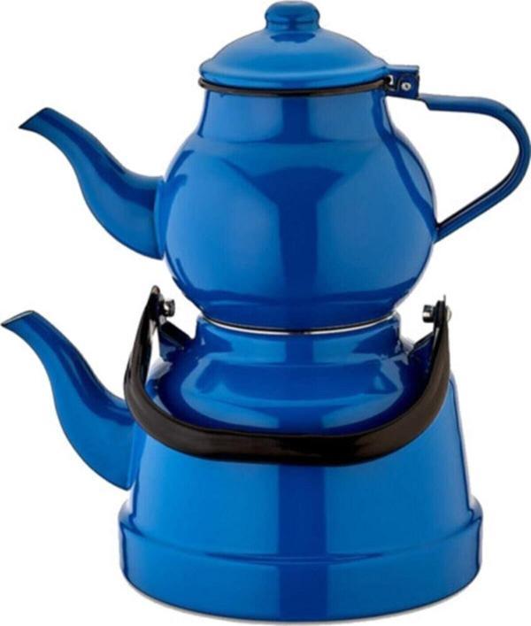 Ebru Metal Emaye Büyük Boy Çaydanlık Mavi Nostalji Alt 3,3 Litre Üst 1,5 Litre - Image 1