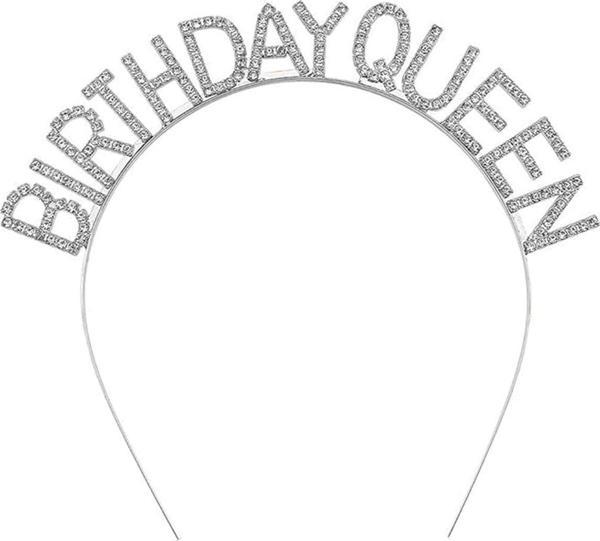 Gümüş Renk Kristal Taşlı Parlak Birthday Queen Yazılı Kraliçe Taç 16x17 cm - Image 1