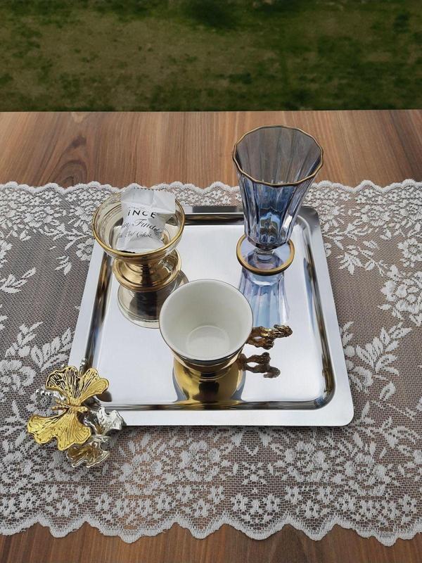 Süslü Home Paslanmaz Çelik Kare Bir Adet Kelebekli Modern Çay Kahve Sunum Tepsisi - Image 1
