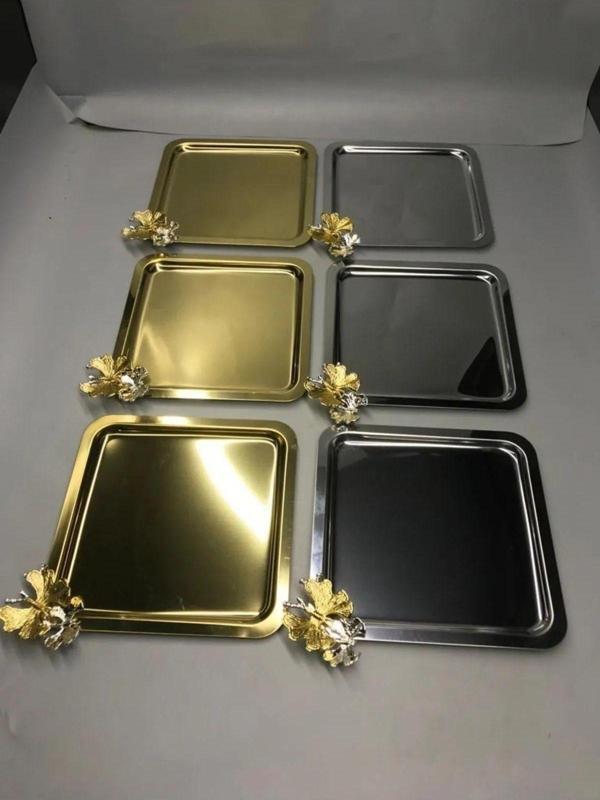 Ahir Ticaret Kelebek Aksesuarlı Paslanmaz Çelik Kare 6’Lı Gümüş Ve Gold , Dekoratif Sunum Servis Tepsisi - Image 1