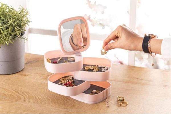 Ahir Ticaret 4 Katlı Aynalı Kare 360 Derece Dönebilen Takı Organizer Kutusu Pembe - Image 1