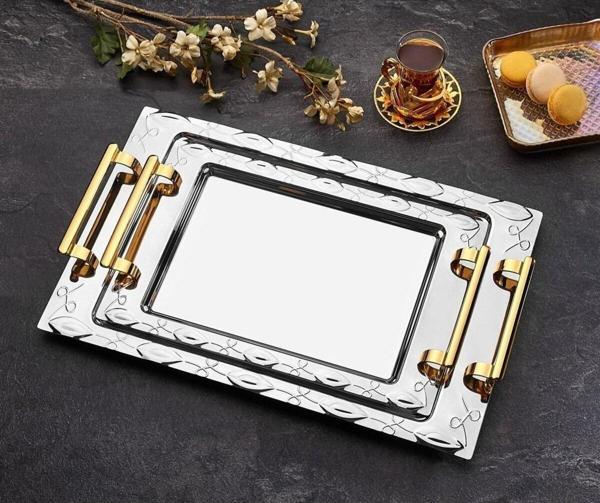 Ahir Ticaret Inter Çelik Bade Model Gold Ikili Çay & Kahve Sunum Tepsileri - Image 1