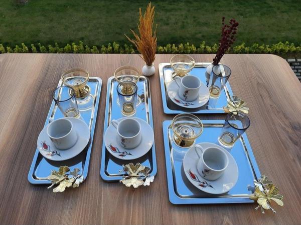 Süslü Home Paslanmaz Çelik 2 Kare 2 Baton Kelebekli Modern Ve Şık Çay Kahve Sunum Tepsisi - Image 1