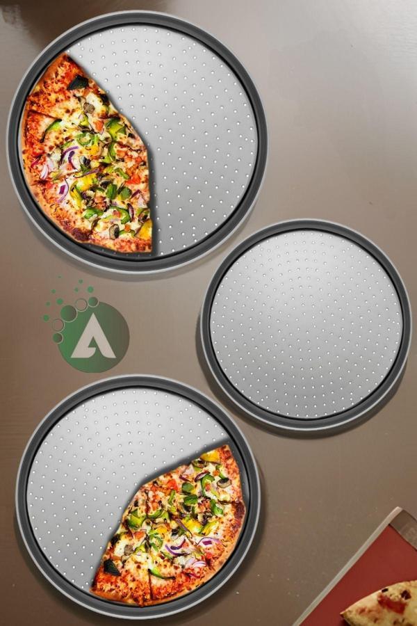 Ahir Ticaret 3'Lü Delikli Pizza Tepsisi Lahmacun Pide Tepsisi Çelik Tepsi - Image 1